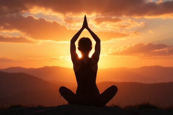 Una persona haciendo yoga al amanecer, simbolizando bienestar y equilibrio.