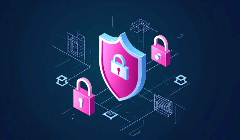 Ilustración de candados digitales y un escudo, representando la seguridad de los datos y la confidencialidad.