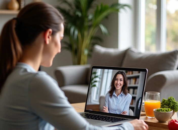 Mujer sonriendo mientras tiene una videollamada de consulta nutricional en su laptop, con alimentos saludables cerca.